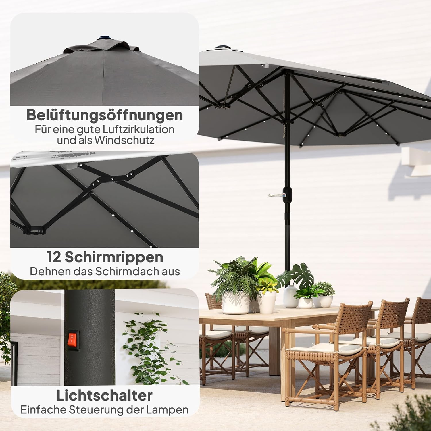 Outsunny Sonnenschirm mit LED Doppelsonnenschirm 443 x 260 cm Gartenschirm Marktschirm groß Terrassenschirm mit Handkurbel Oval Metall