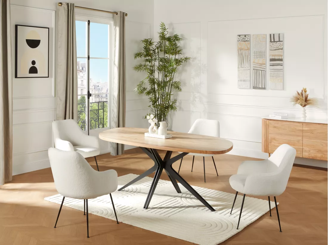Table à manger 8 personnes en bois d'acacia et métal - Naturel et noir - LIVIANI