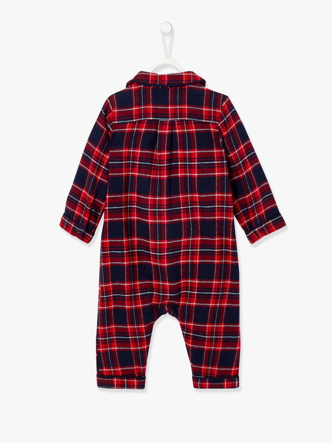 Macacão de flanela xadrez para bebê, xadrez vermelho escuro.