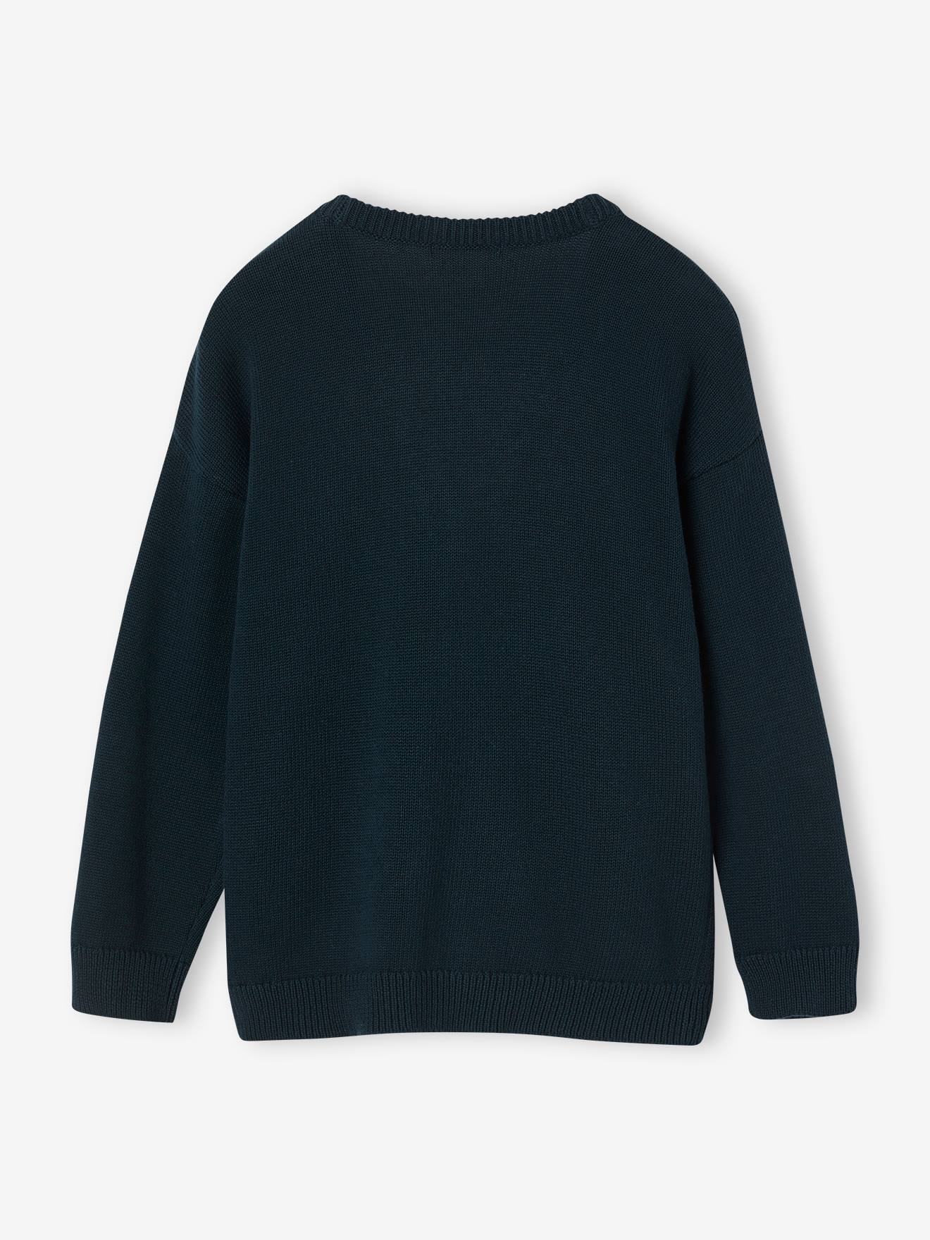 Jaqueta infantil masculina com decote em V e estampa de figuras em tecido atoalhado, verde pinho.