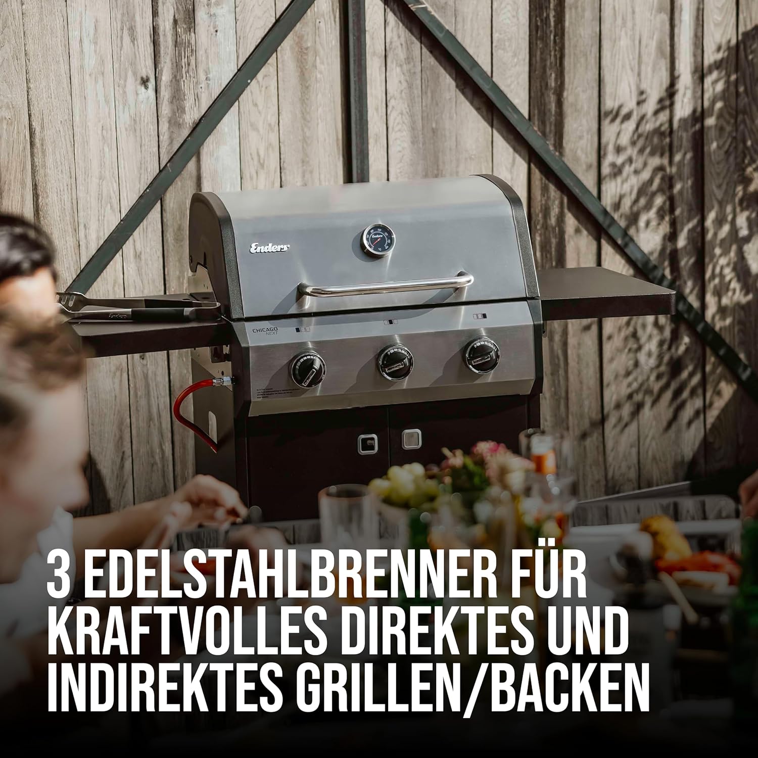 Enders Gasgrill Chicago Next 3, 3-Edelstahlbrenner, doppelwandige Garhaube, Gussrost, 2 abklappbare Seitenablagen, integriertes Thermometer, 9,6 kW #89396