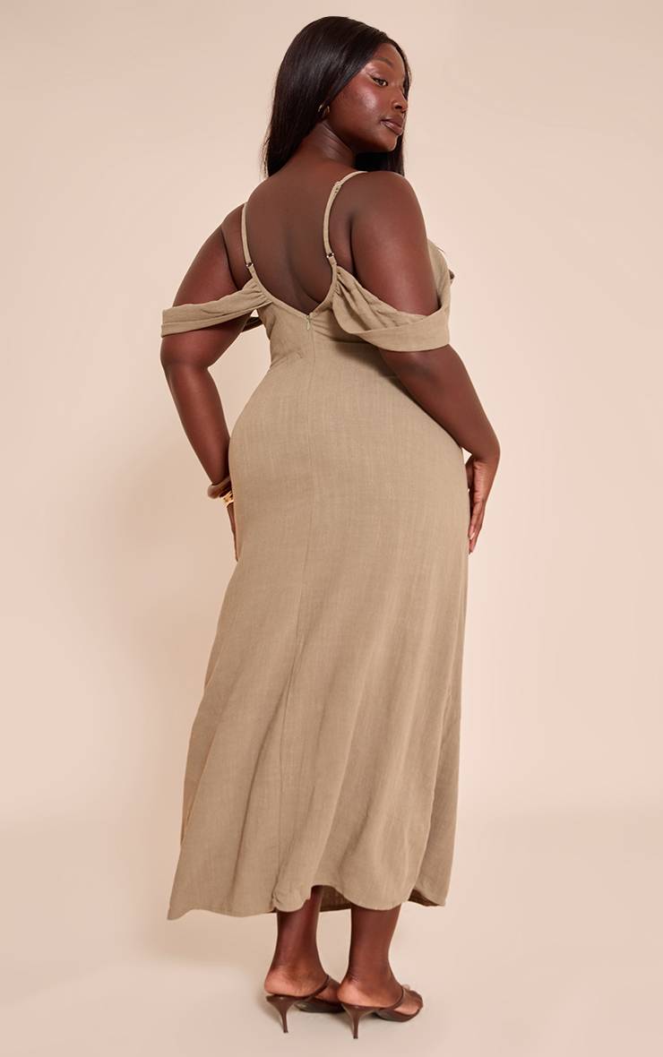 Kaki Robe Longue Grande Taille À Texture Avec Bretelles Et Détails Drapés