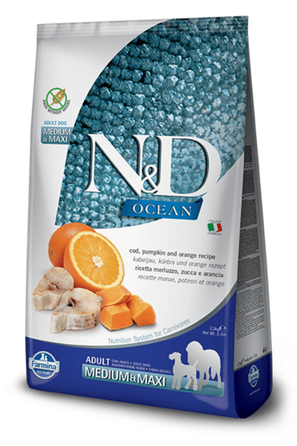 Croquettes n&d ocean potiron morue orange chien med/maxi 2,5kg