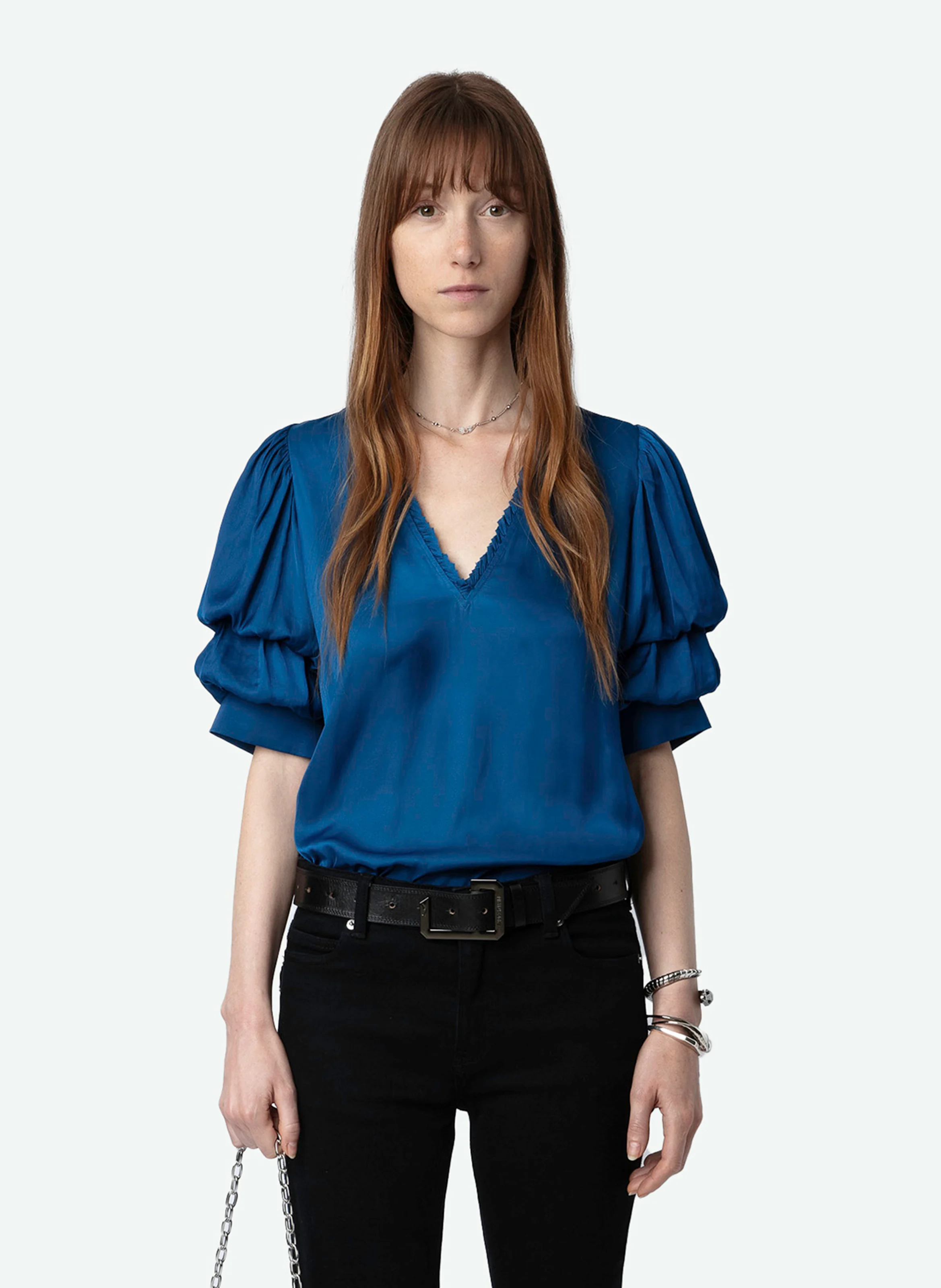 TASTE - Blouse droite col V en fibres recyclées mélangées | Bleu
