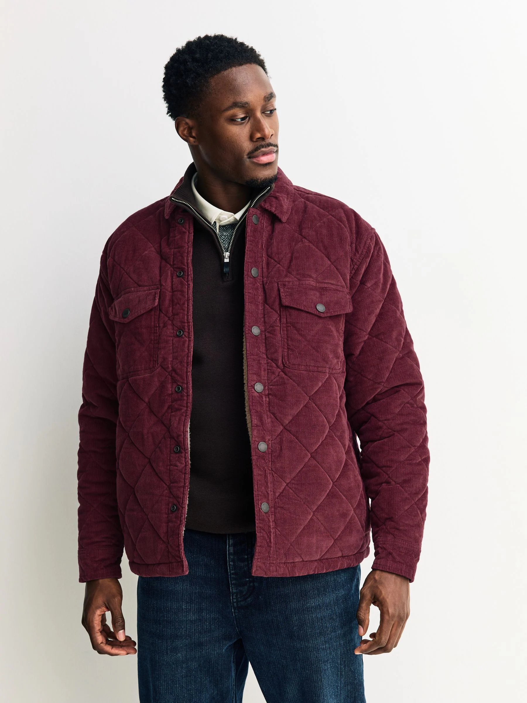 Bordeauxrood - Borg Lined Diamond Quilt Corduroy Shacket
