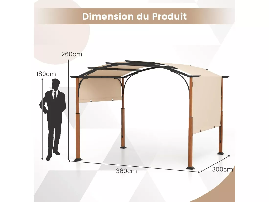 Pergola Rétractable d'Extérieur 300 x 360 CM, Pergola Métallique à Arcs pour Patio avec Auvent Rétractable Poteaux Aspect Bois, Tonnelle Treillis pour Jardin Patio Porche Cou (Beige)