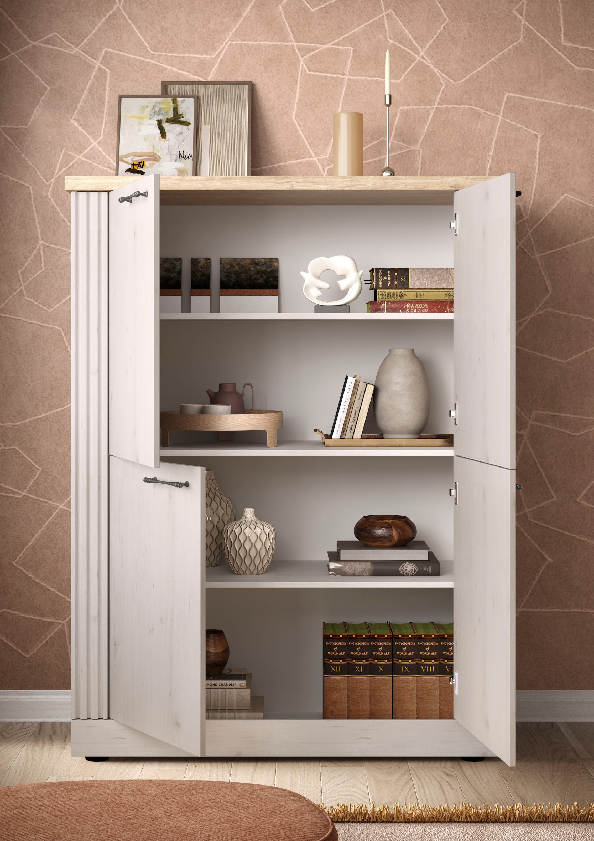 Home affaire Highboard »Country Höhe 160 cm u. Breite 118 cm, Kommode mit 4 Türen,« Schrank im Landhausstil, viel Stauraum, mit Metallgriffe, MDF-Rahmen