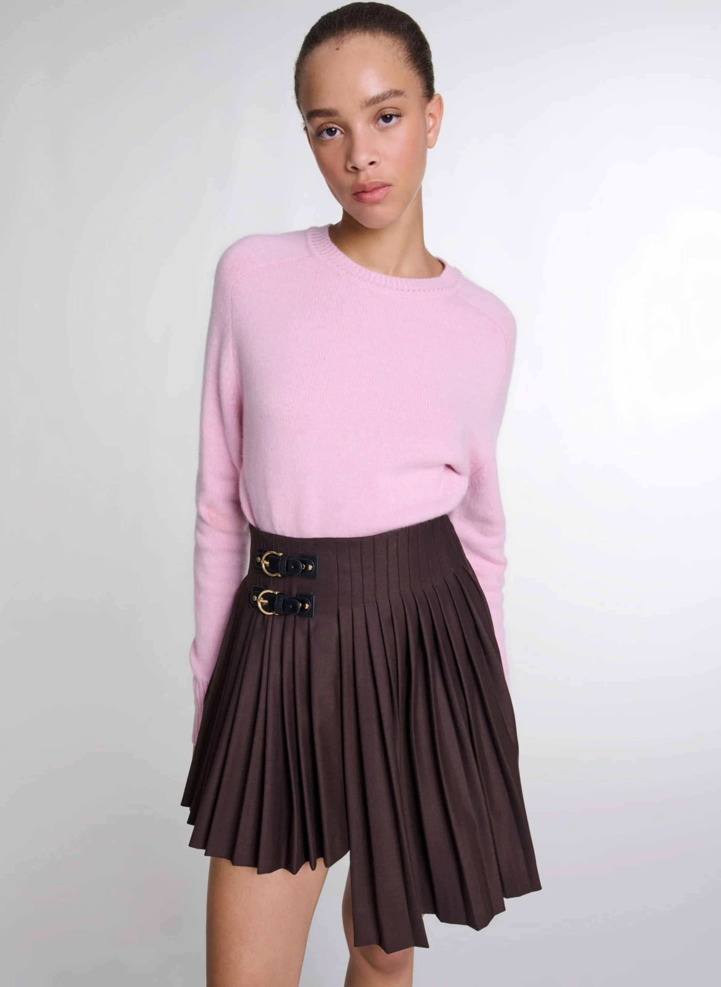 Jupe courte plissée asymétrique | Marron