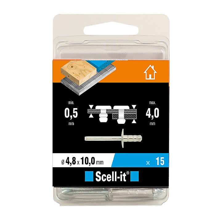 Rivet ø4.8 x 10 mm tête large charge max 100kg, 15 pièces