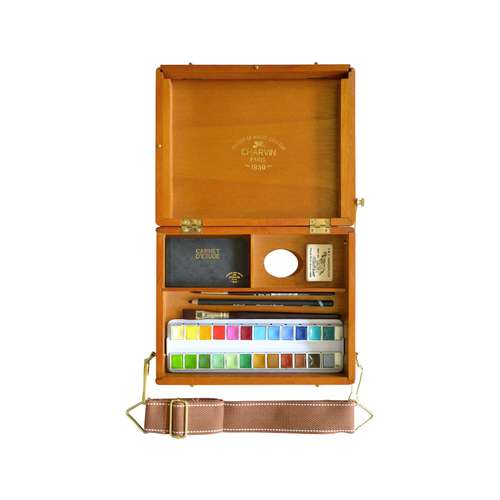 CHARVIN extrafeine Aquarellfarbe im Travel Bag, 24 x 1/2 Näpf. mit Zubehör, Holzkoffer