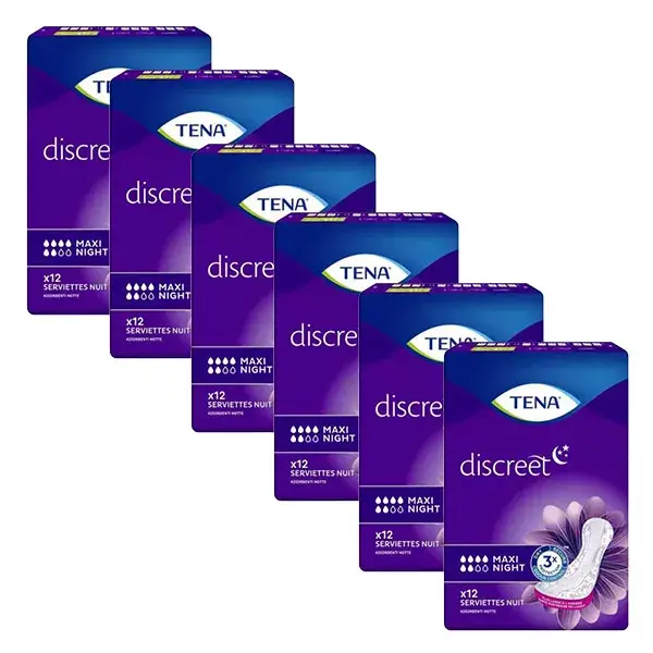 Absorventes higiênicos noturnos TENA Discreet Maxi, pacote com 6 unidades de 12 unidades.