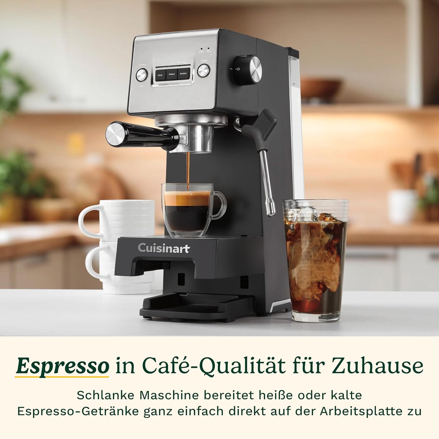 Cuisinart Slim Kaffeemaschine | Espresso, Americano, Cold Brew | Integrierter Milchaufschäumer | 15 Bar | Siebträger ohne Boden | kompakt | Reisebecher | 1,5L Tank, Edelstahl Slim