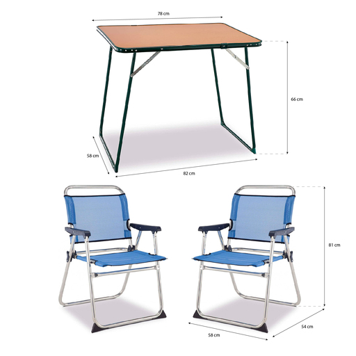 Conjunto Solenny com mesa dobrável multiuso de 80x60 cm e 2 cadeiras de praia dobráveis.