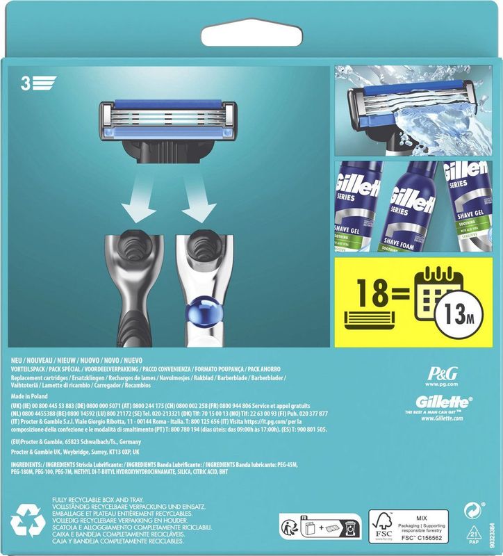 Gillette - Mach3 Scheermesjes - 18 Stuks - Drie Mesjes - Beschermende Microribbels