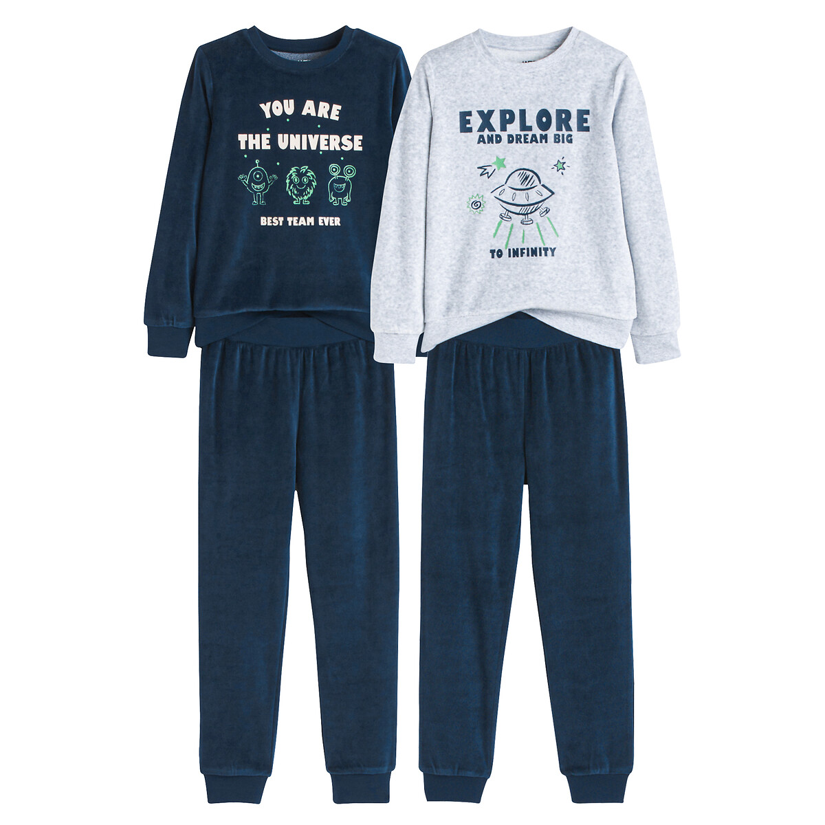 COLEÇÃO LA REDOUTE<br>Conjunto de 2 pijamas de veludo, com estampa de texto e monstros