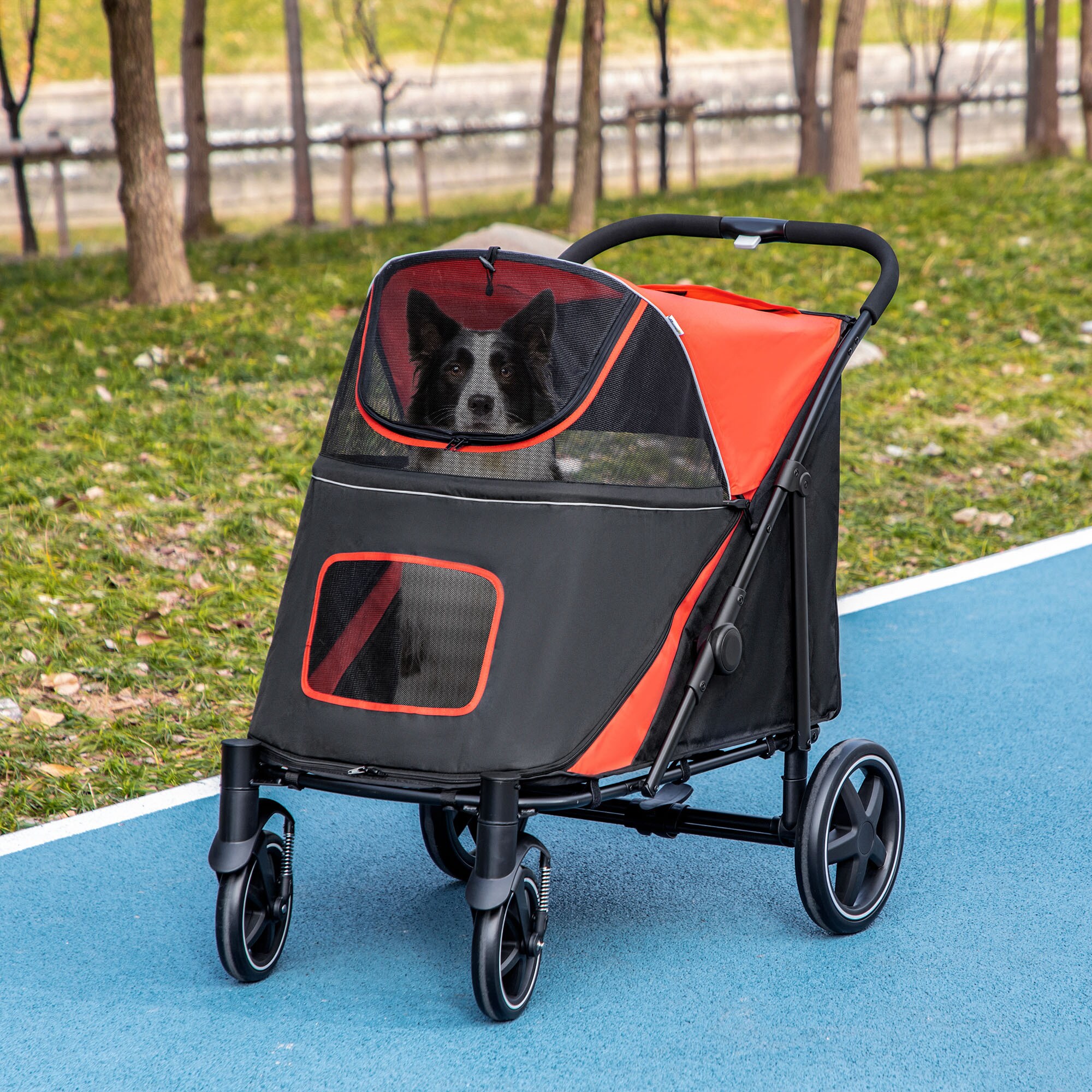 PawHut Hundebuggy mit zwei Sicherheitsleinen schwarz, rot 112L x 65B x 100H cm
