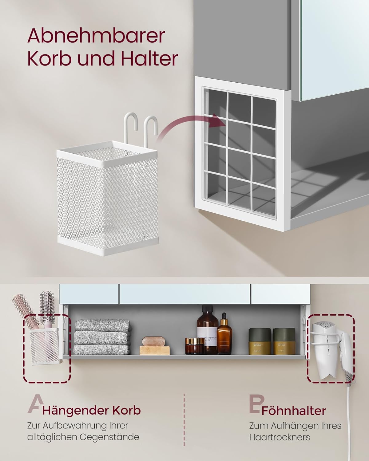 VASAGLE Spiegelschrank Bad mit Beleuchtung, 16,5 x 70 x 75 cm, Steckdosen, Hängekorb, Haartrockner-Halter, Spiegelschrank, Badschrank, Wandschrank, für Badezimmer, wolkenweiß-Taubengrau BBK126G01