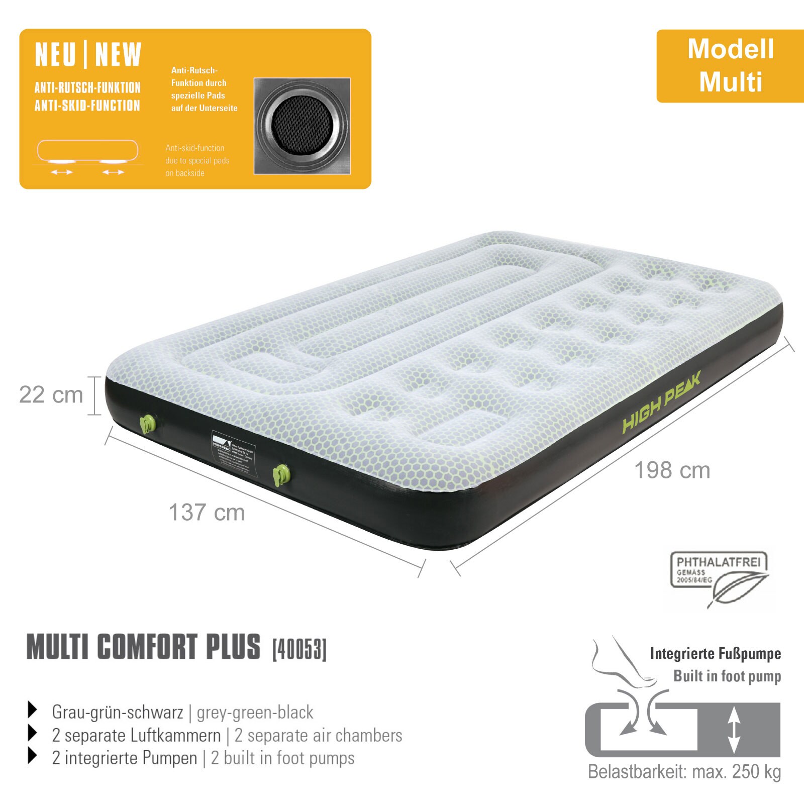 HIGH PEAK Luftbett Comfort Plus - Luftmatratze Camping Gästebett Isomatte Pumpe Größe: Single