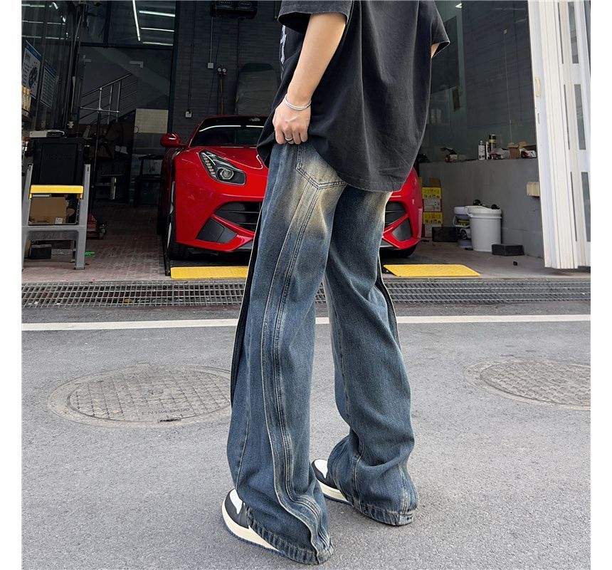 Hushgrain - Mid Rise Washed Panel Straight Leg Jeans