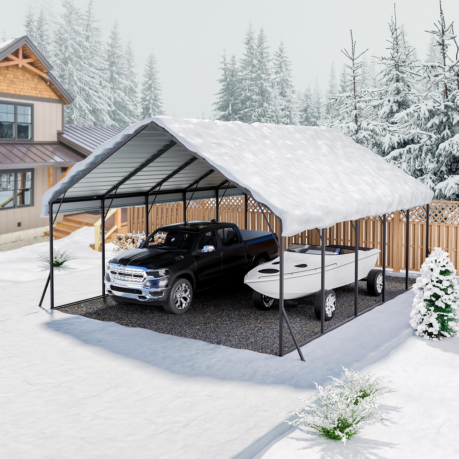 VEVOR Carport, 5,8x7,45x3,77 m, Lagerzelt mit stabilem Rahmen und Dach, Autounterstand mit abnehmbaren Seitenwänden, Mehrzweck-Garagezelt für Pickup, Boot, LKW und Traktoren