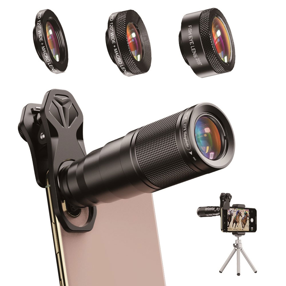 4in1 Smartphone Alu Kamera Teleskop Objektiv Televorsatz mit 22-facher Vergrösserung / 205° Fisheye / 25x Macro / 120° Weitwinkel   Stativ