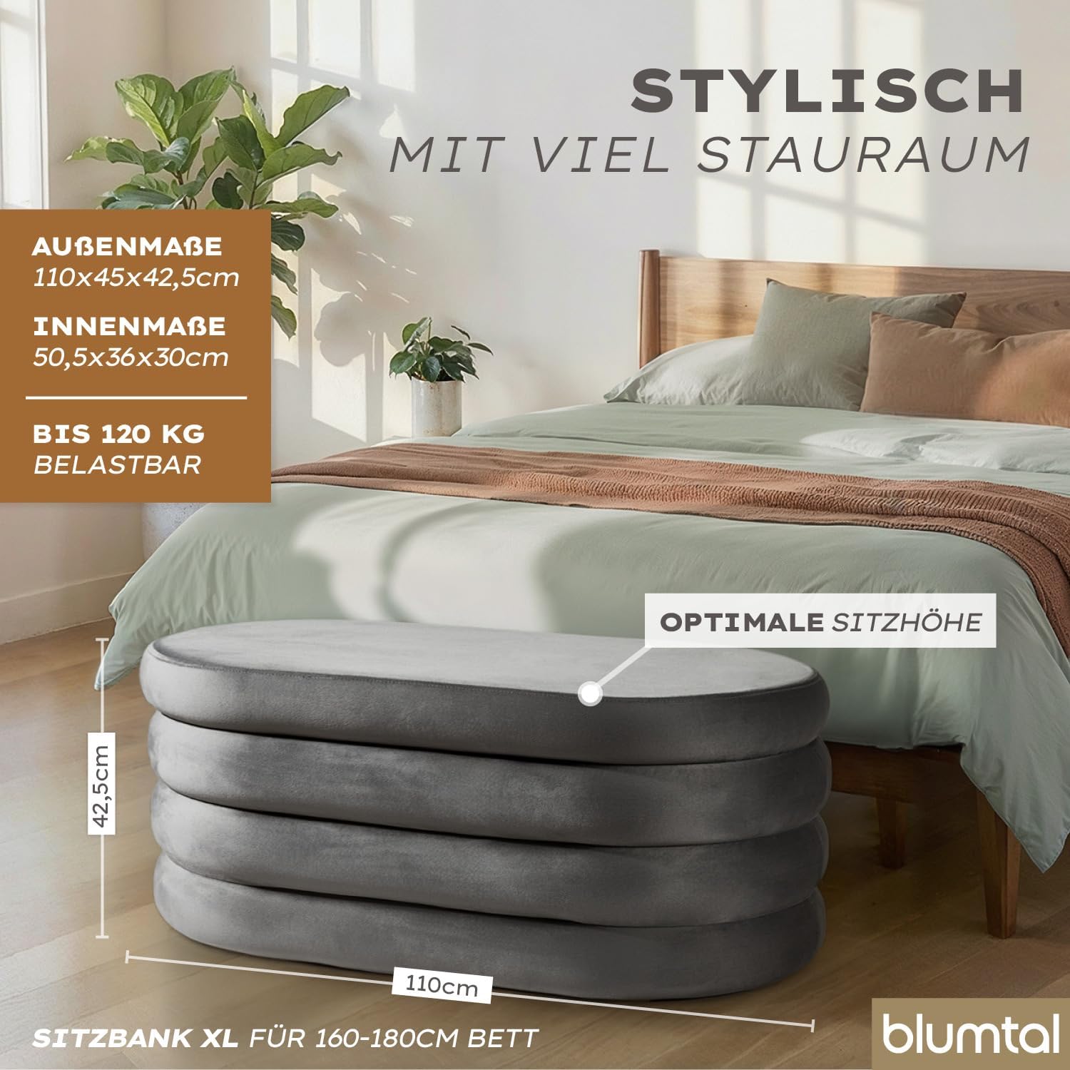 Blumtal Sitzbank mit Stauraum XL oval, Samt-Bezug - robuste Polsterbank mit Stauraum Samtoptik extra weich 110 x 45 x 42.5 cm - Schuhbank - wunderschöner Samt-Look - Ottoman Grau