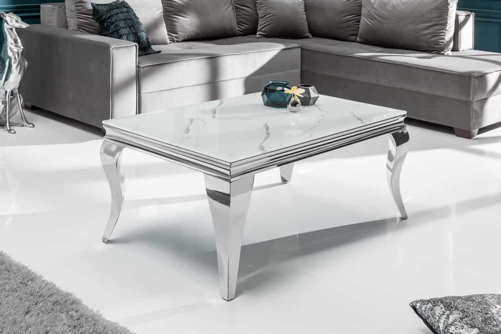 Eleganter Couchtisch MODERN BAROCK 100cm Glasplatte in Marmoroptik Edelstahlbeine