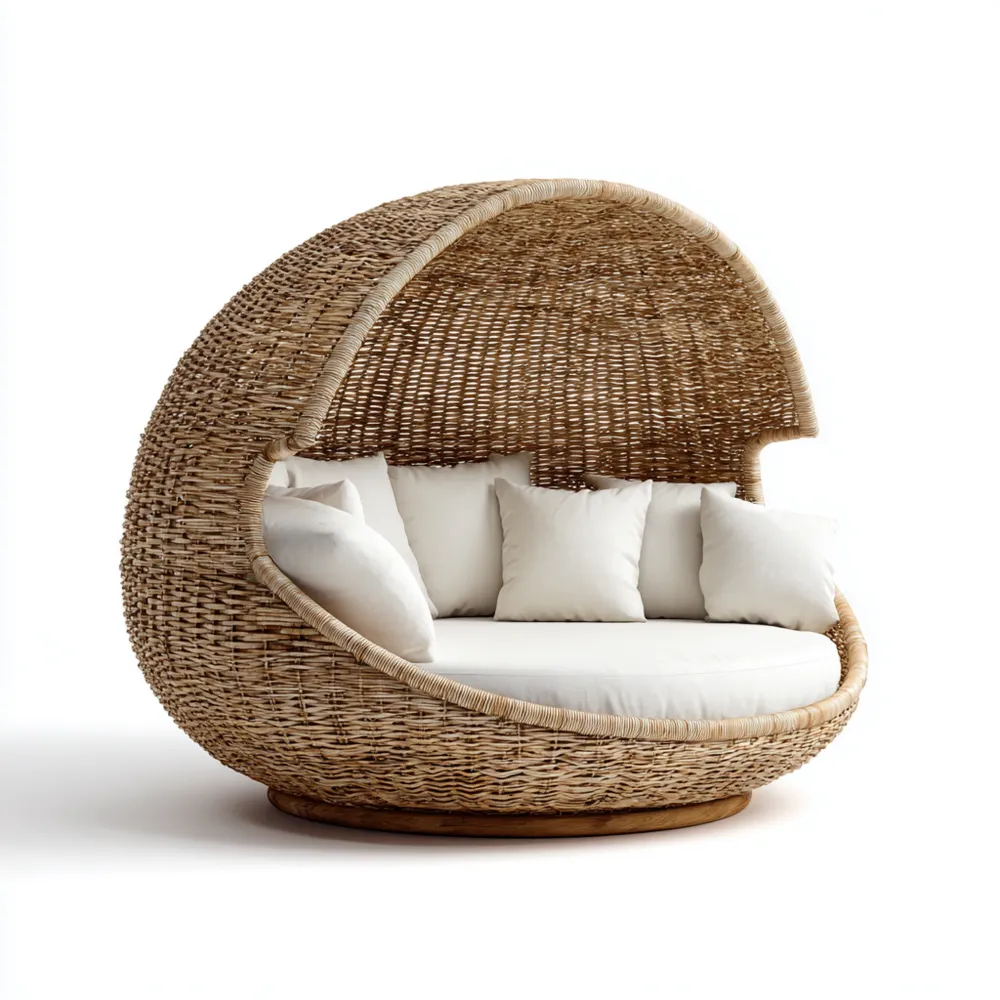Runde Rattan-Gartenliege 150x150x150 cm – Natur/Weiß – Lounge Design