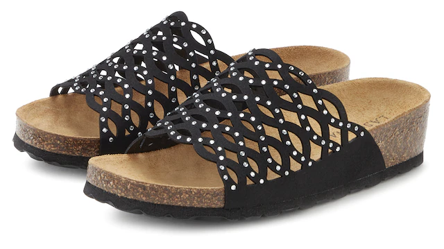 LASCANA Pantolette »Mule, Sandale, offener Schuh«  mit Komfortkorkfussbett aus Leder und Glitzersteinchen