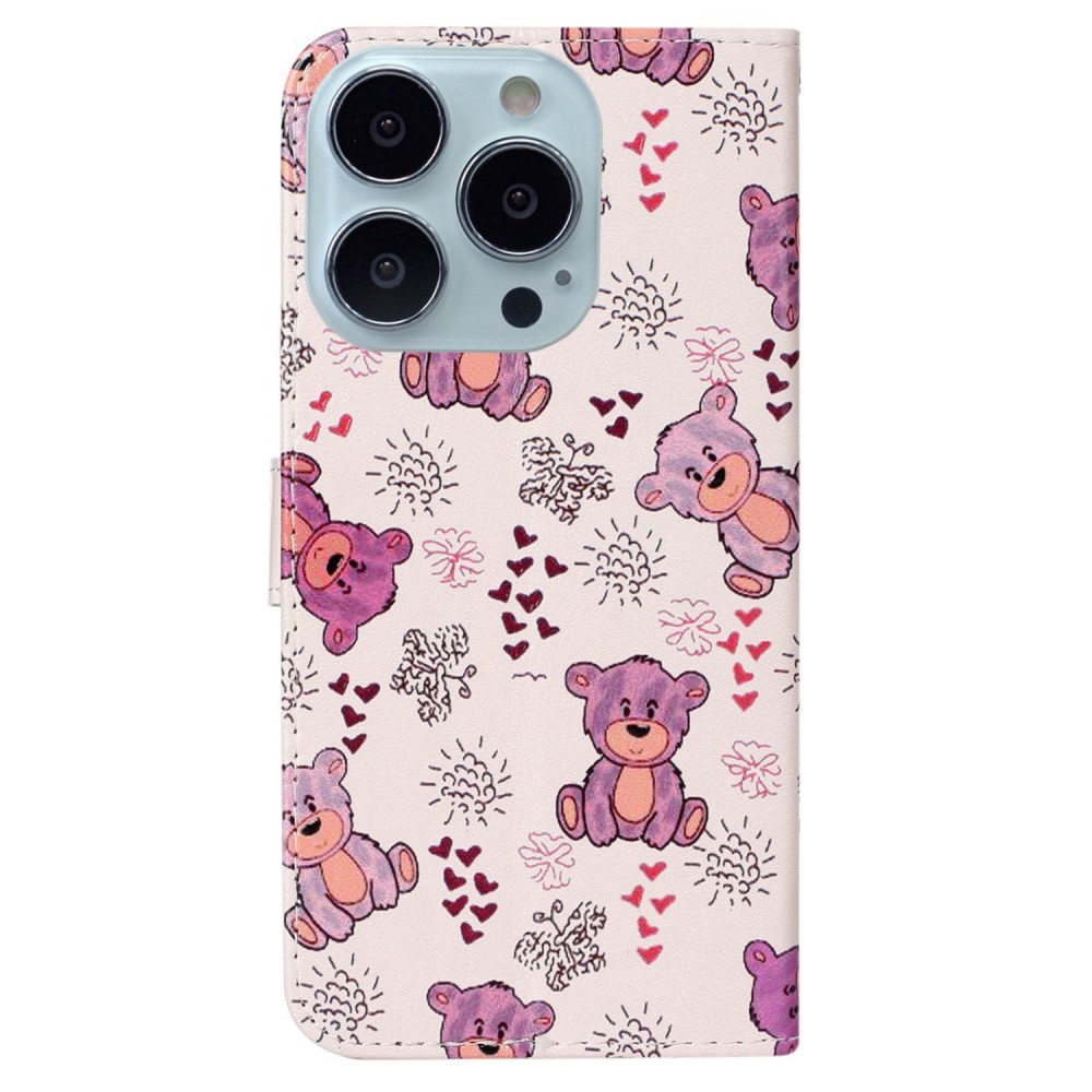 iPhone 16 Pro Max Leder Tasche mit Kartenfächer - Happy Bear