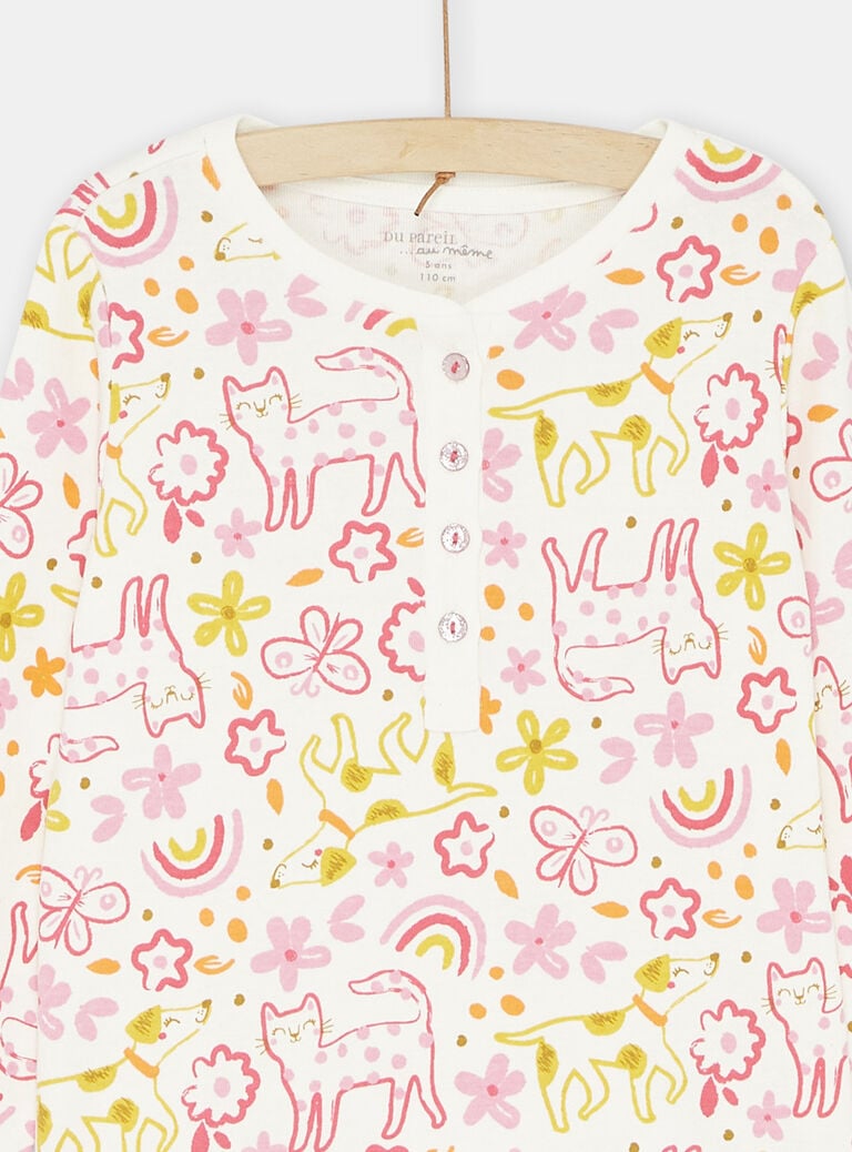Pyjama écru, rose et jaune à imprimé fantaisie fille