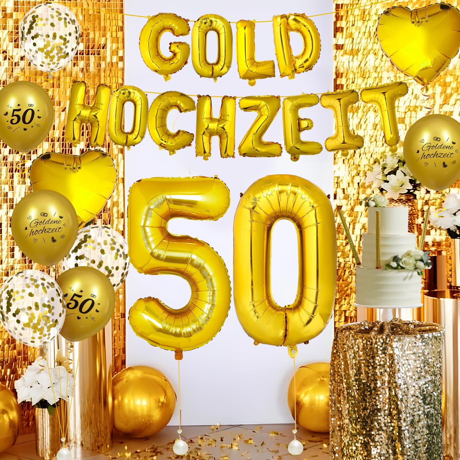 (40-tlg. Set) Gold Hochzeit Party Deko Folien Ballon Latex Luftballons mit Konfetti - 50. Hochzeitstag