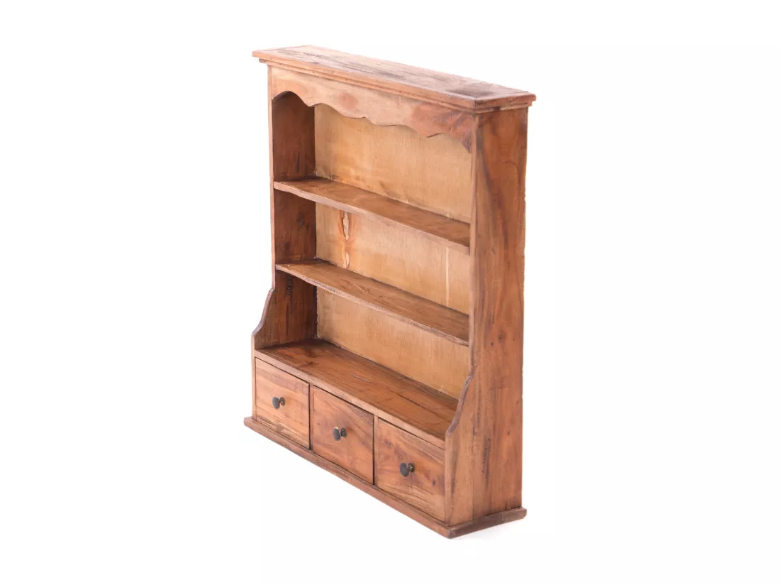 ÉTAGÈRE MURALE Nelia Bois massif de mahogany, 3 niveaux, 2 tiroirs couleurs naturelles