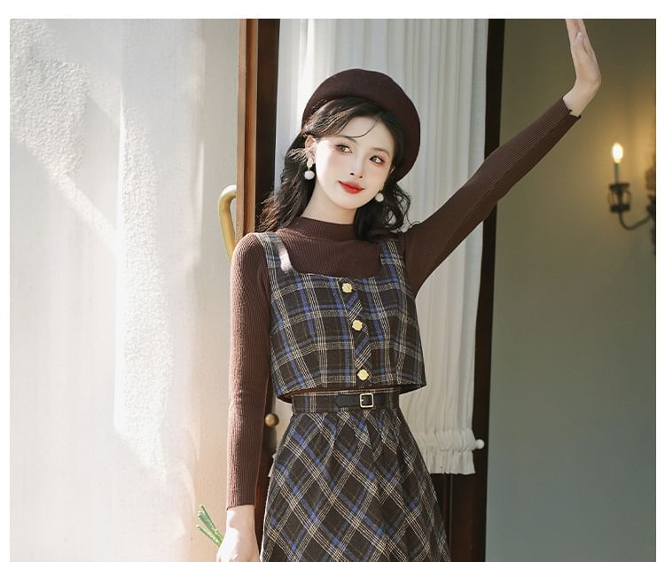 Cocaliso - Mock Neck Effen Geribbelde Trui / Geruit Vest / Hoge Taille Midi A-lijn Rok / Set