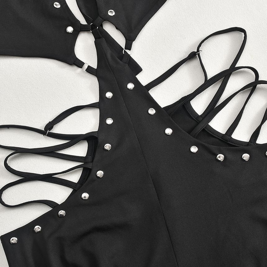 BrickBlack - Halter jumpsuit met effen studs en uitgesneden uitlopende pijpen