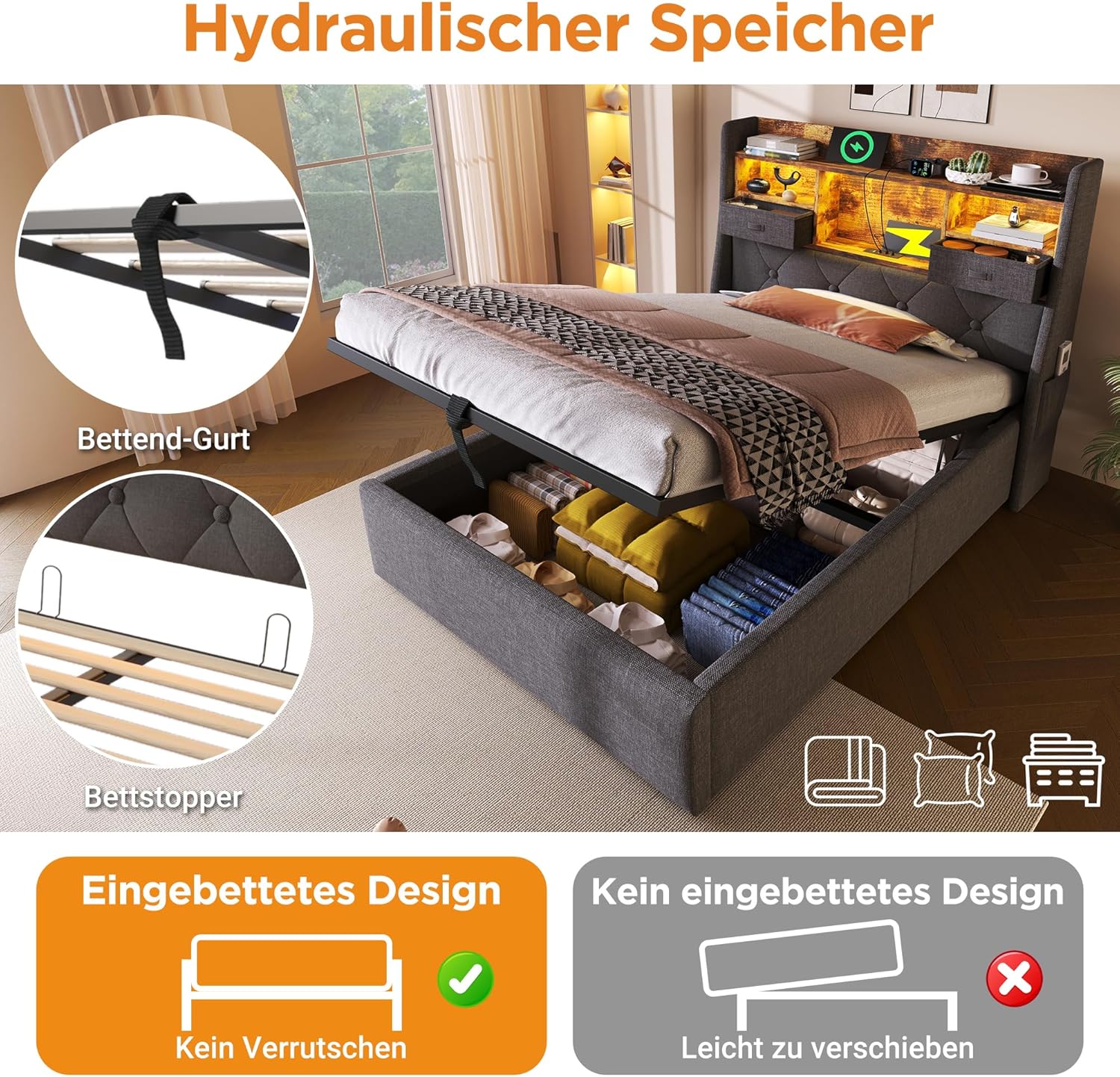 Boxspringbett 90x200 mit LED, Polsterbett Hydraulisch Einzelbett mit Stauraum und 3 USB und 1 Typ C-Port, Bettkopfteil mit Seitentaschen, Grau Leinen, ohne Matratze