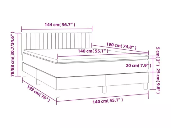 Sommier tapissier matelas et LED Gris foncé 140x190 cm Velours