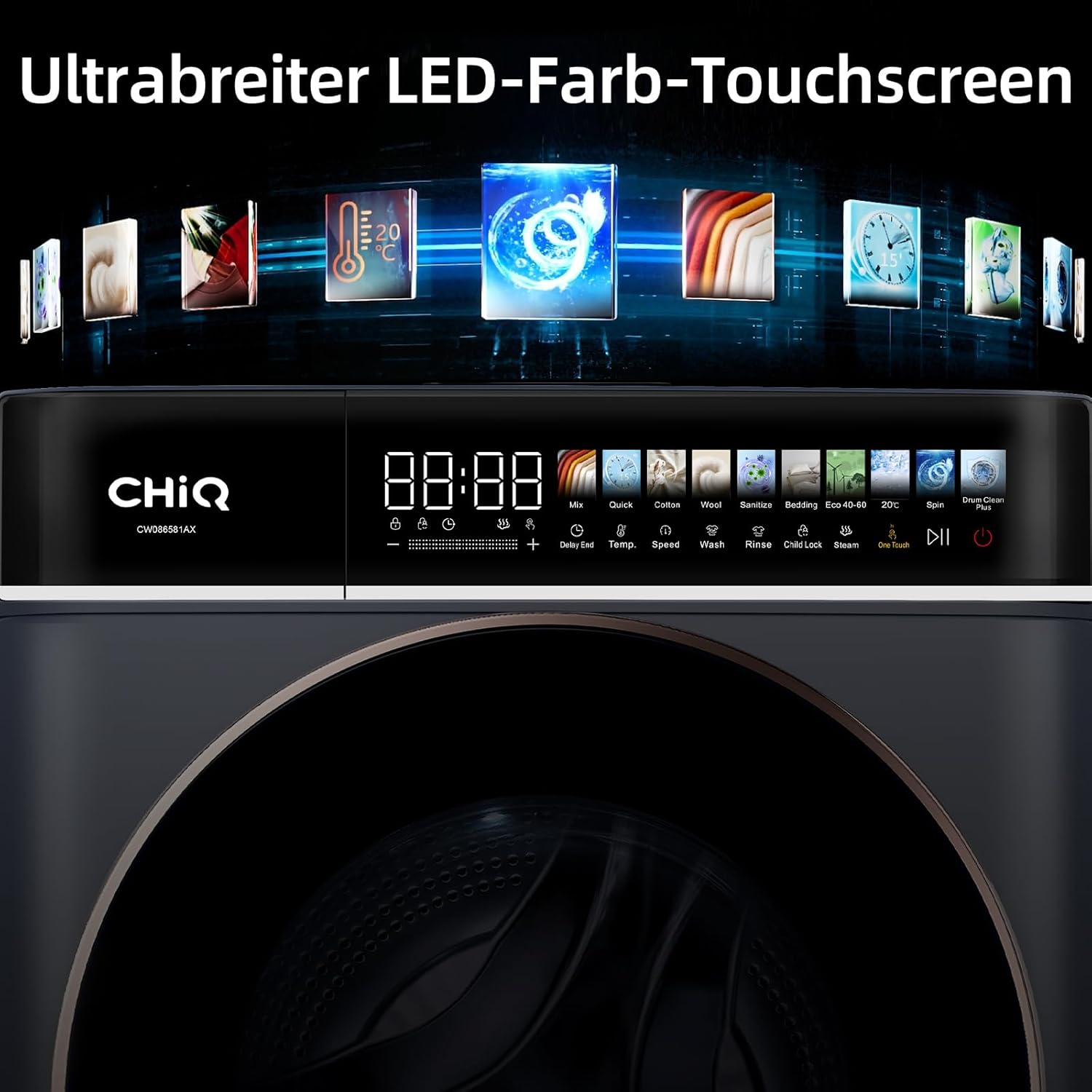 CHiQ Waschmaschine 8kg Frontlader, EEK A-10%, Touchscreen-Steuerung 12 Programme| 520mm D, 1400 U/min, 15Min Schnellwäsche, Großtrommel| Inverter Motor, Antibakterielle Türdichtung, Schwarz 2025