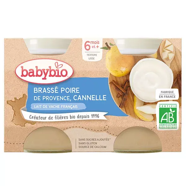 Sobremesas lácteas orgânicas Babybio sabor pera e canela, preparadas com leite de vaca, para bebês a partir de 6 meses, pacote com 2 unidades de 130g.