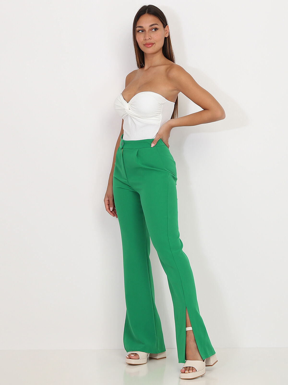 Pantalon flare à fentes- Vert