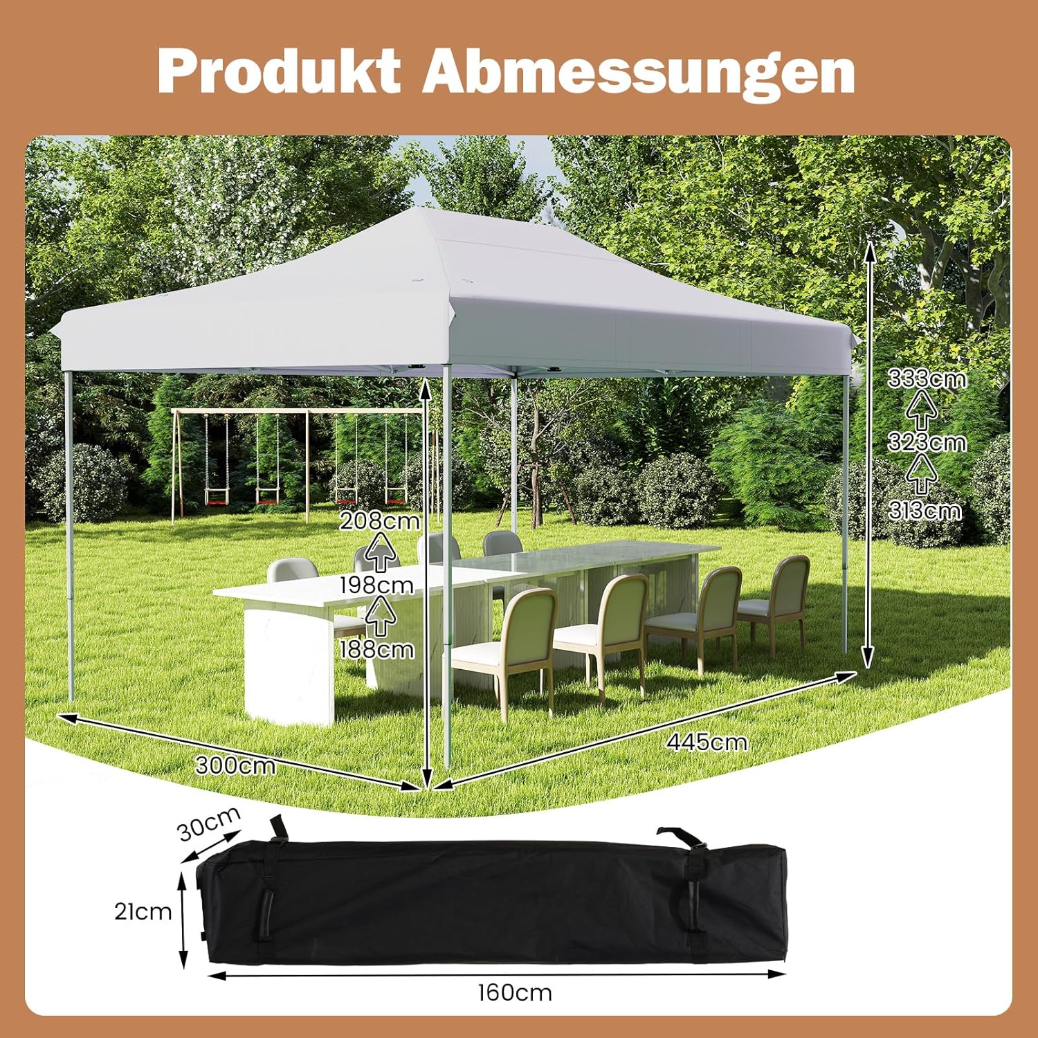 COSTWAY 3x4,5 m Faltpavillon, Pop Up Pavillon Höhenverstellbar mit Rollentasche, 4 Seilen, 8 Heringen, Wasserdicht Gartenpavillon Gartenzelt Partyzelt für Party Hochzeit (Weiß)