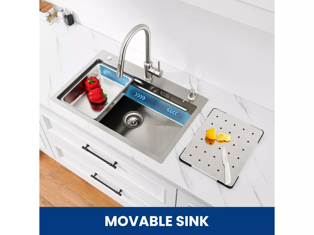 Cecipa max Évier Inox 70×45×21.5CM avec Egouttoir, Vasque et Distributeur de Savon + Mitigeur de Cuisine avec Douchette Extractible Noir