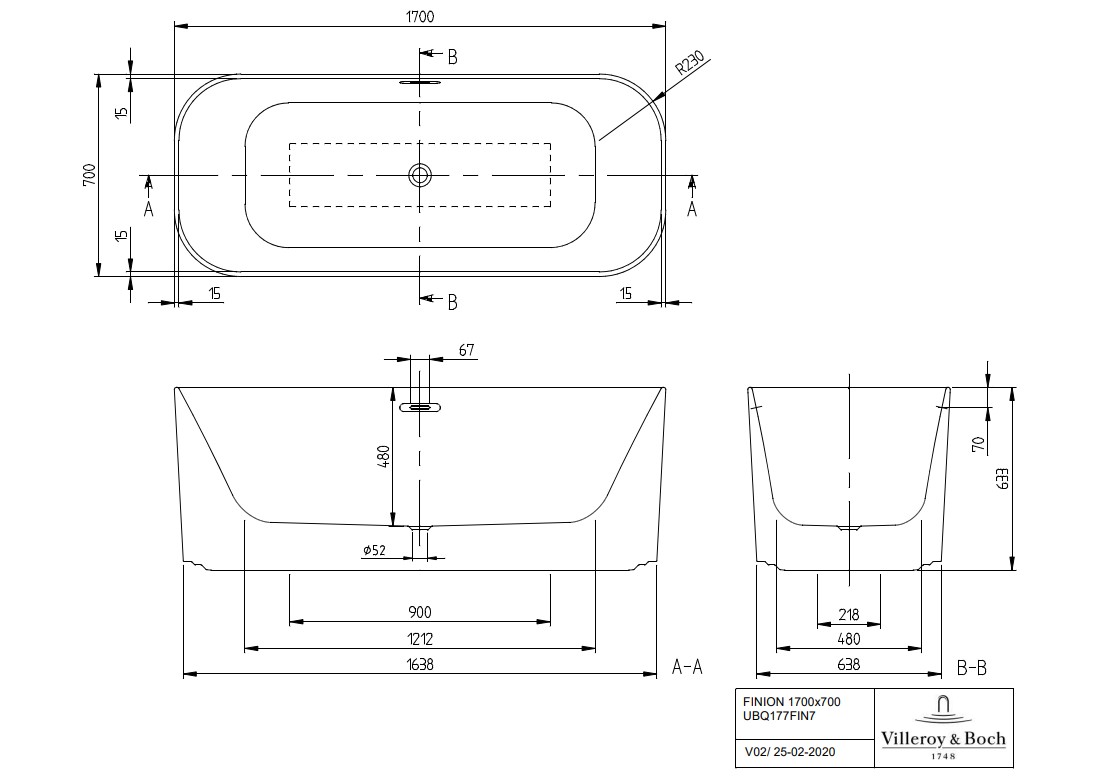 Villeroy & Boch Finion vrijstaand ligbad 170x70cm wit mat