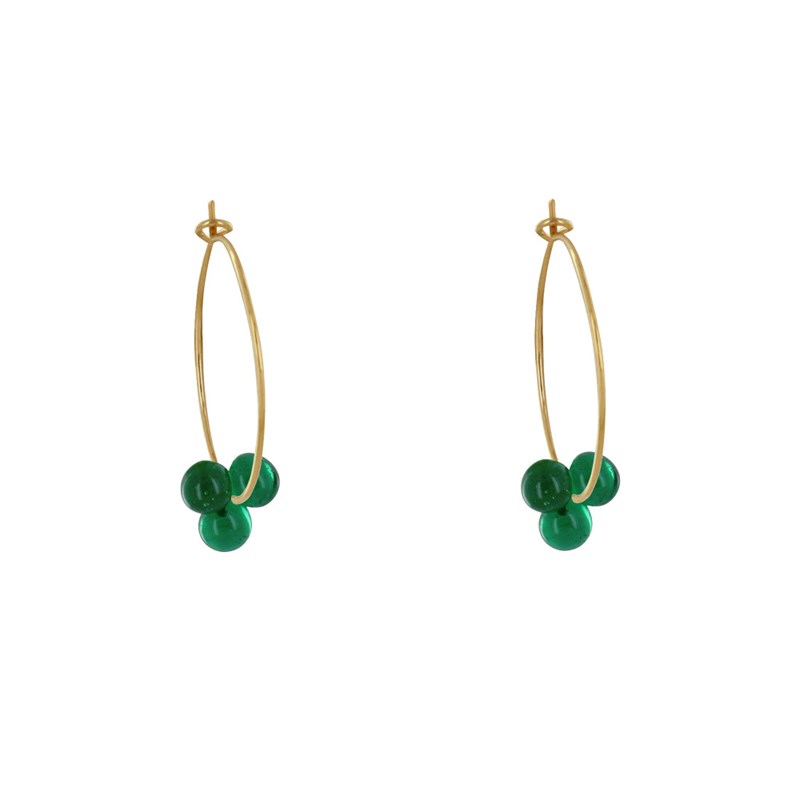 Boucles d'Oreilles Créoles Laiton Fermée et Bouquet de Perles de Verre