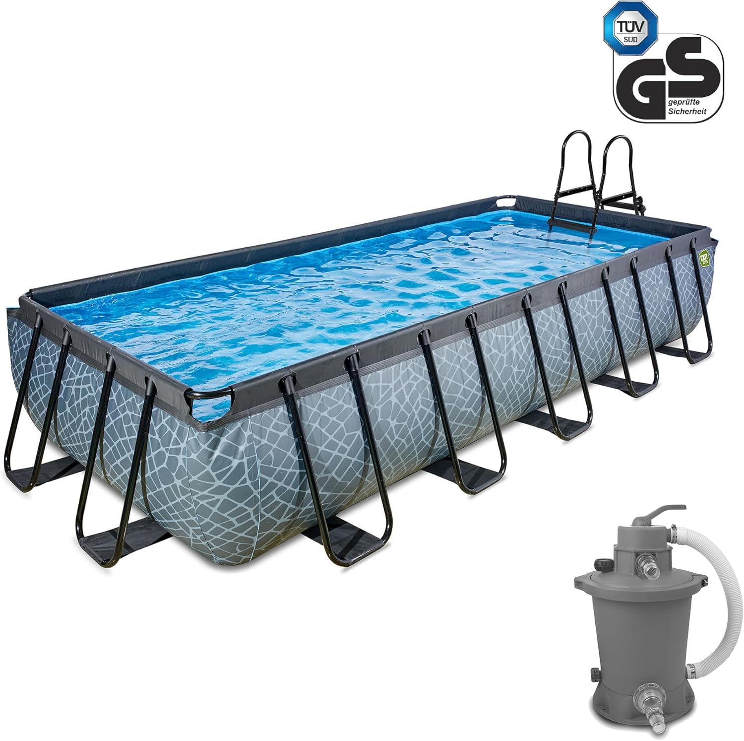 EXIT Toys Stone Pool - 540x250x100cm - Großer, Rechteckiger Rahmenpool mit Sandfilterpumpe - Extra tiefer Pool - Starker Rahmen - Inklusive Poolleiter - Einzigartiges Design - Grau