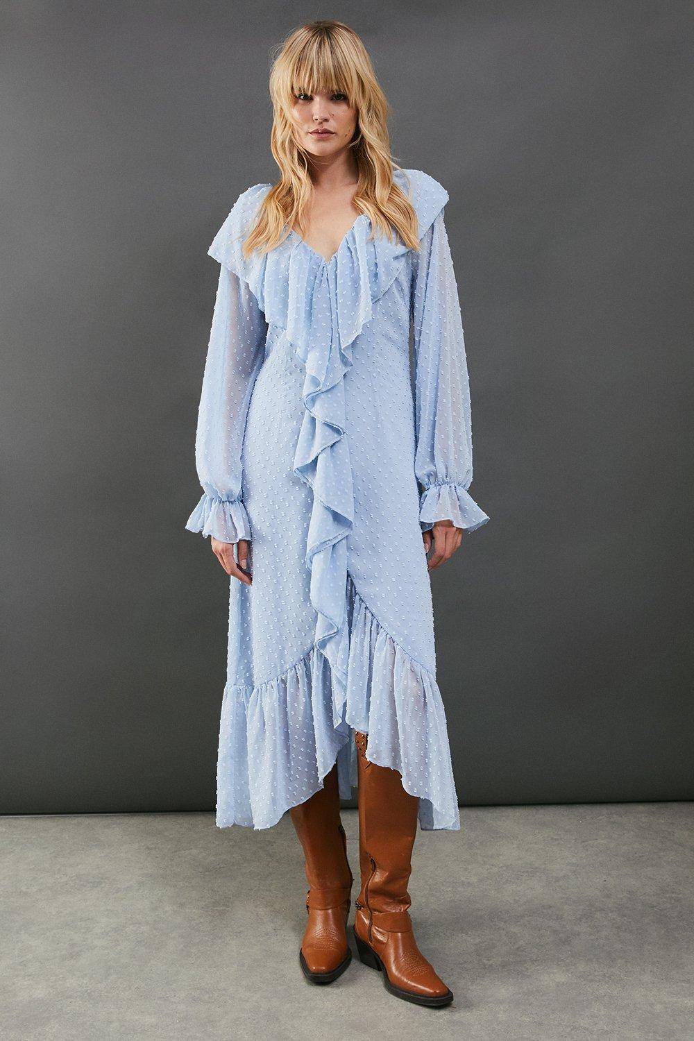 Warehouse Robe Midi en Mousseline Dobby à Volants et Ourlet Asymétrique