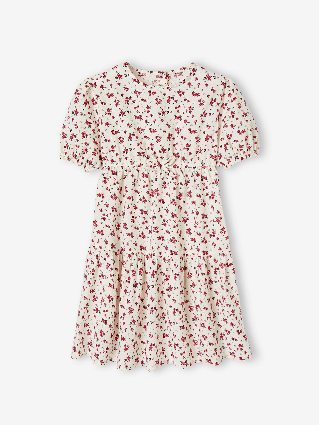 Vestido off-white com babados e mangas 3/4 para meninas