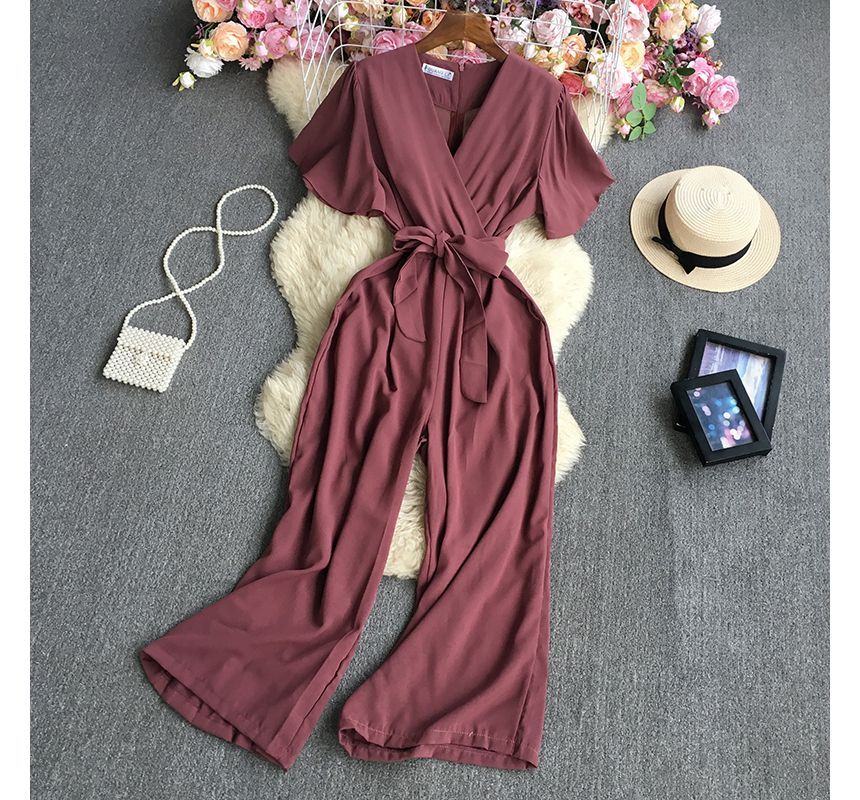 Dudu - Jumpsuit met korte mouwen, V-hals, strikceintuur en wijde pijpen