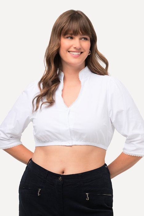 Dirndlbluse, Stehkragen, Spitze, V-Ausschnitt, 3/4-Arm