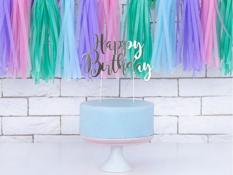 Partydeco Kuchen-Topper Happy Birthday 1 Stück, Silber Eleganter Torten-Topper